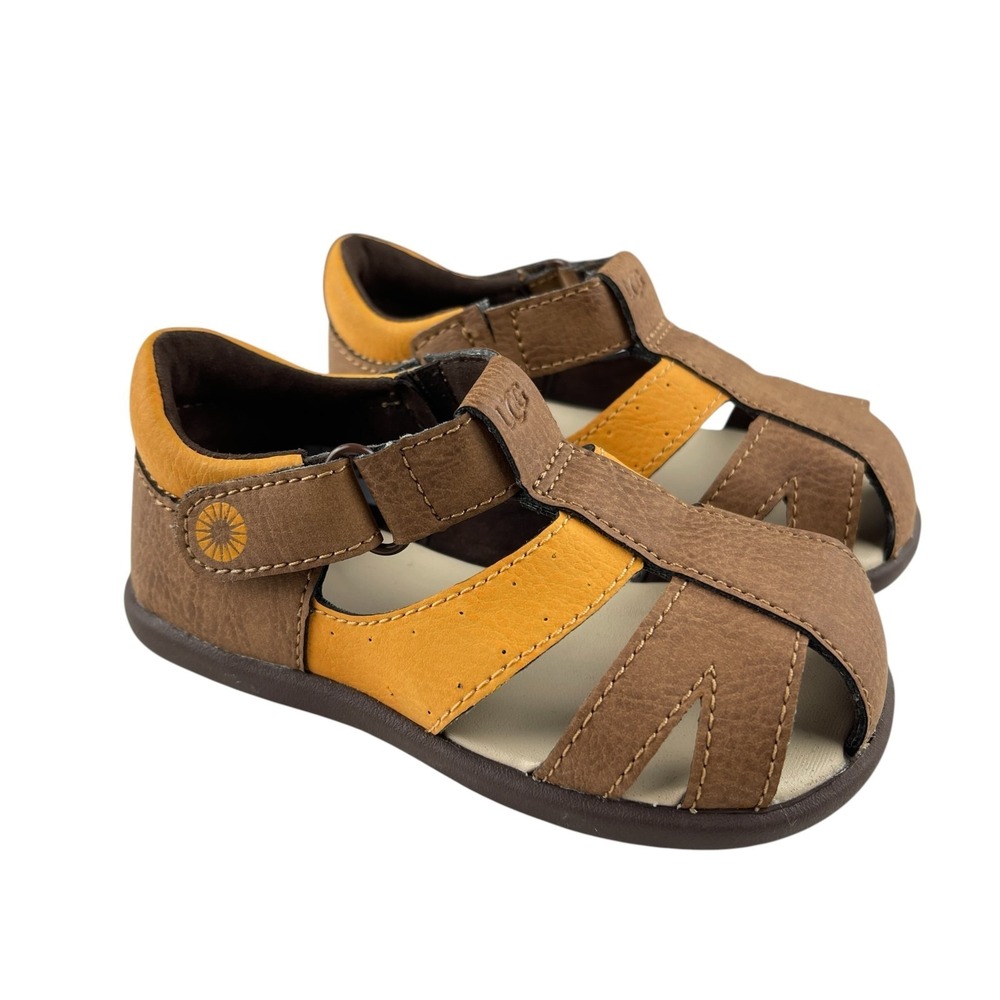 UGG Kylo Fisherman Sandals Toddler Size 6 Brown Yellow Hook Loop 1132722T